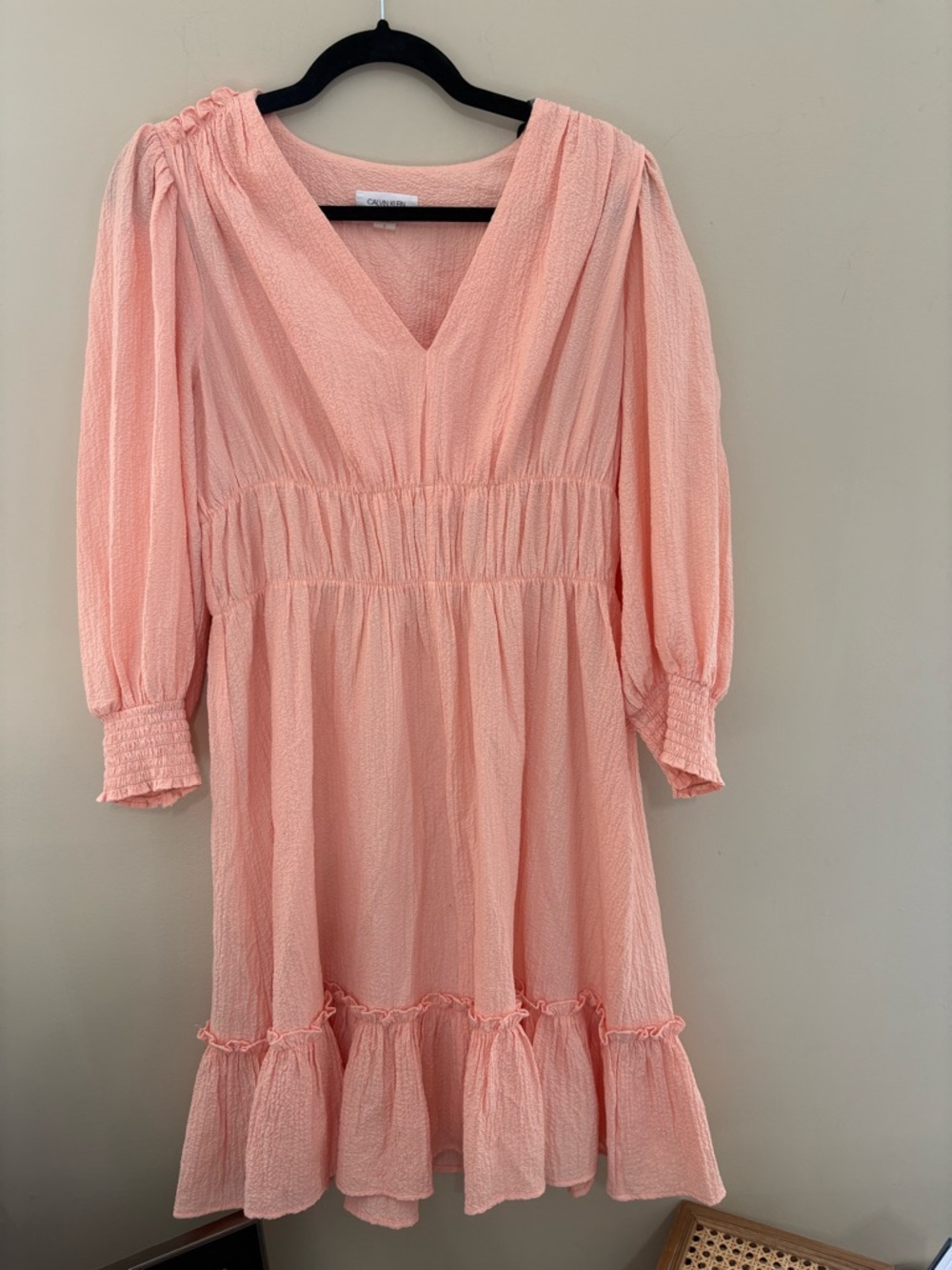 Calvin Klein Light Peach Pink V-Neck Long Sleeve Dress